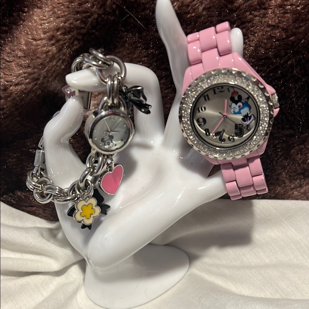 Disney Minnie Mouse Pink Crystal Watch and Charm Bracelet Watch-new batteries.